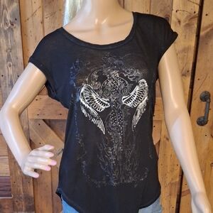 Black Graphic Tee with Angel Wings